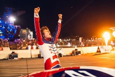 Piotr Więcek celebrating with raised fists after securing his Drift Masters 2026 podium with Xtreme Clutch