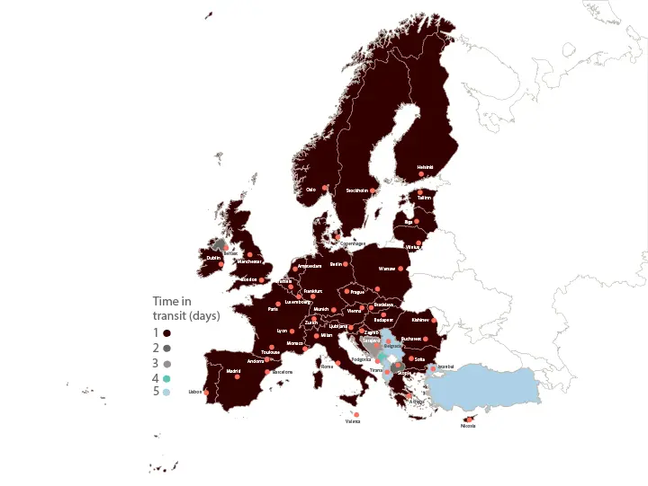 UPS Express delivery times map across Europe showing estimated shipping durations by country